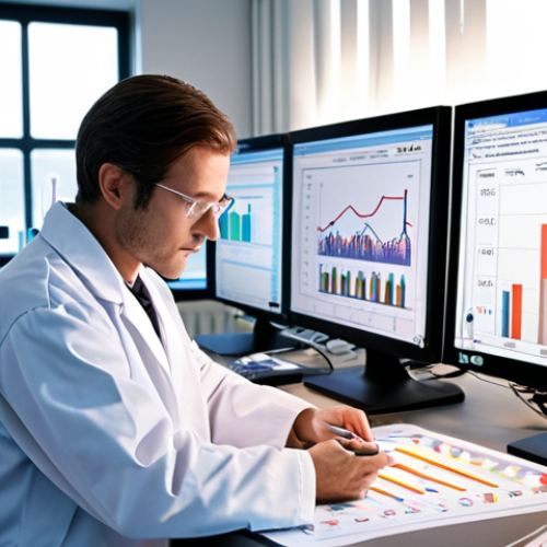 Home 11 **A scientist meticulously examining research papers in a brightly lit lab, with graphs and charts displayed on monitors in the background. Focus on the researcher’s expression of concentration and the abundance of credible sources.**