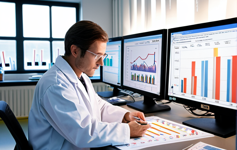 **A scientist meticulously examining research papers in a brightly lit lab, with graphs and charts displayed on monitors in the background. Focus on the researcher’s expression of concentration and the abundance of credible sources.**