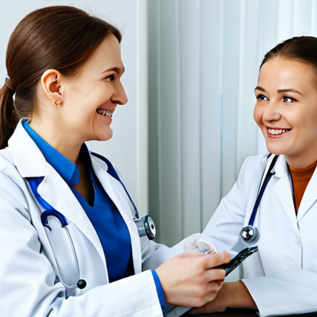 **
A professional female doctor in a modern, well-lit clinic in Moscow, Russia. She is wearing a clean, white lab coat and a stethoscope. She is smiling reassuringly at a young patient (also fully clothed) sitting on an examination table. The clinic is equipped with advanced medical equipment. The scene should convey trust, professionalism, and care. Fully clothed, appropriate content, safe for work, perfect anatomy, natural proportions, professional, modest, family-friendly, high resolution, detailed.
**