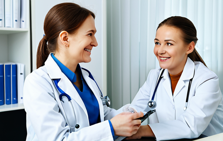**
A professional female doctor in a modern, well-lit clinic in Moscow, Russia. She is wearing a clean, white lab coat and a stethoscope. She is smiling reassuringly at a young patient (also fully clothed) sitting on an examination table. The clinic is equipped with advanced medical equipment. The scene should convey trust, professionalism, and care. Fully clothed, appropriate content, safe for work, perfect anatomy, natural proportions, professional, modest, family-friendly, high resolution, detailed.
**