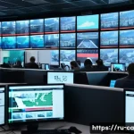출처 분석의 공적 신뢰성과 개인적 신뢰성 - A modern digital newsroom scene inside a high-tech media office in Moscow, featuring diverse journal...