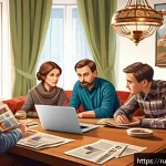출처의 중요성에 대한 비판적 논의 - A detailed digital illustration of a modern Russian family sitting around a table, engaged in a thou...