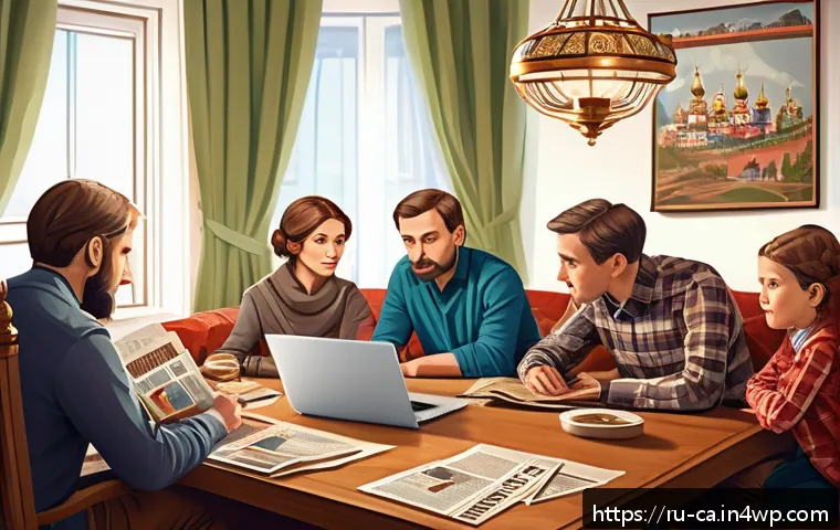 출처의 중요성에 대한 비판적 논의 - A detailed digital illustration of a modern Russian family sitting around a table, engaged in a thou...