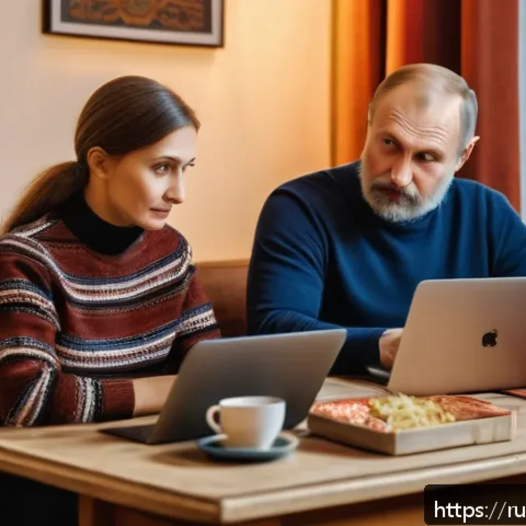 출처 검증의 필요성과 방법 - A modern Russian family living room scene showing a middle-aged man and woman sitting at a table wit...