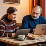 출처 검증의 필요성과 방법 - A modern Russian family living room scene showing a middle-aged man and woman sitting at a table wit...