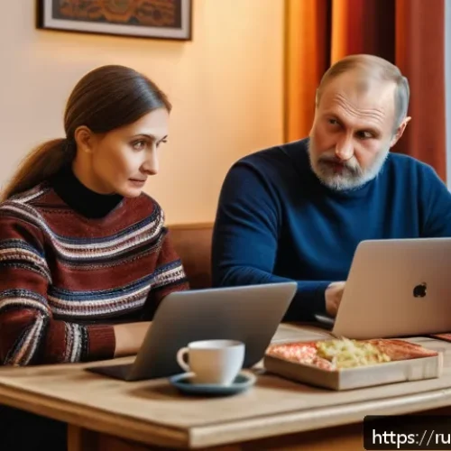 출처 검증의 필요성과 방법 - A modern Russian family living room scene showing a middle-aged man and woman sitting at a table wit...